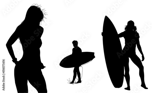 surfistas, contraluz, vector, tabla, surf, mar, atardecer, mujer surfista, silueta, tablista, ilustracion, arte surf, rosa, surfista en la playa, chica surf, mujer