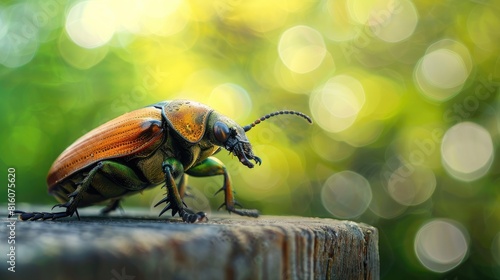Insect perched on wooden surface against blurred background photo