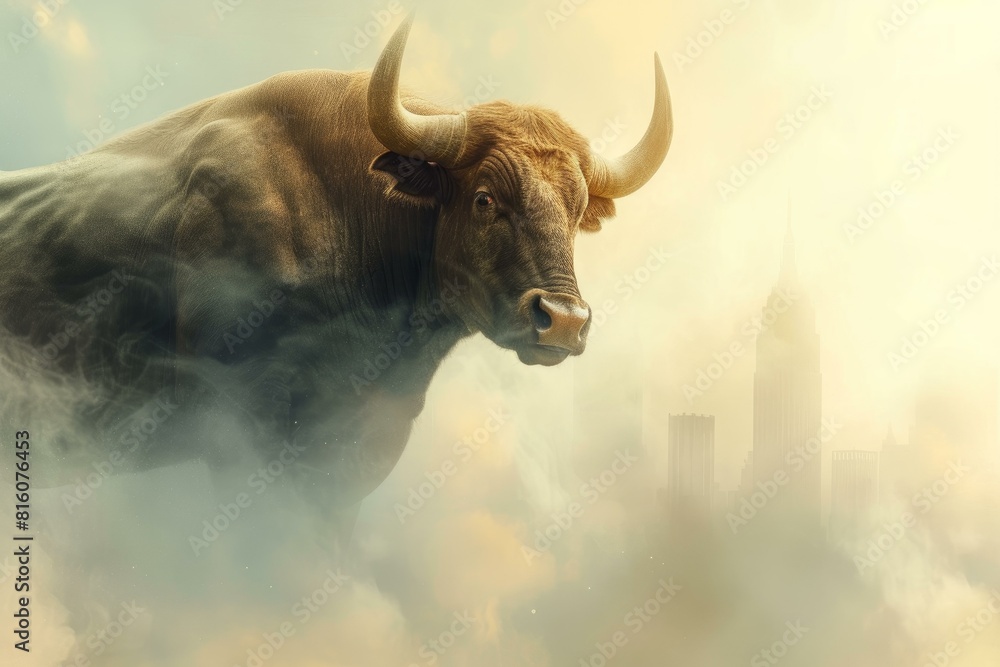 Surreal image of a large bull with its imposing presence above a cloudy cityscape