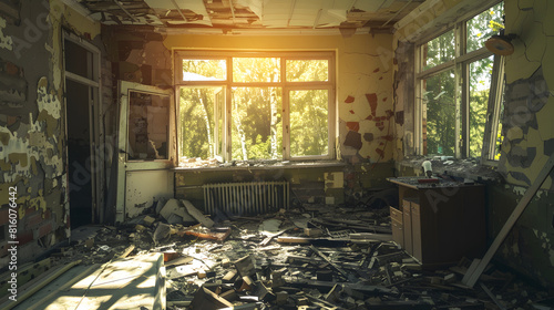 Destroyed houses in which people lived in a dead radioactive zone Consequences of the Chernobyl nuclear disaster and vandalism August 2017 : Generative AI photo