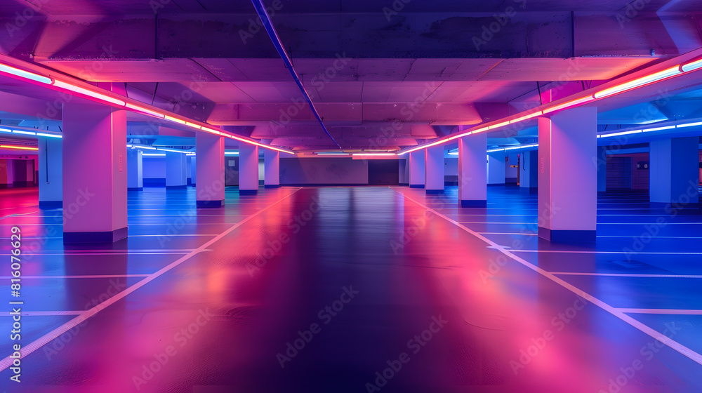 Empty underground car parking lot inEurope Wideangle view neon lights no people : Generative AI