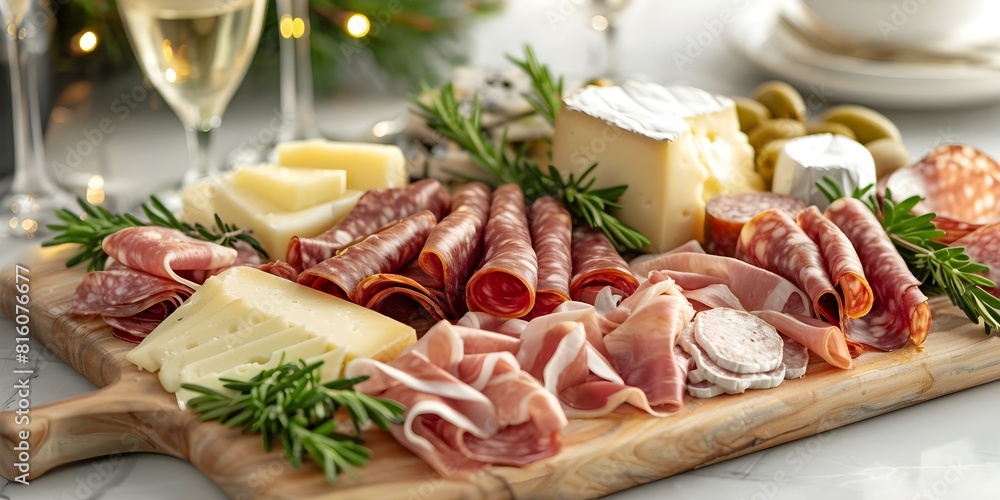 Festive Dinner Table Featuring Closeup of Charcuterie Board with Meats and Cheeses. Concept Festive Dinner Table, Charcuterie Board, Meats and Cheeses, Closeup Shots, Food Styling Festive Dinner Table Featuring Closeup of Charcuterie Board with Meats and Cheeses. Concept Festive Dinner Table, Charcuterie Board, Meats and Cheeses, Closeup Shots, Food Styling