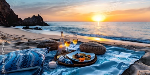 Enjoy a Bohostyle beach picnic at sunset with a healthy dinner. Concept Boho Style, Beach Picnic, Sunset, Healthy Dinner, Outdoor Dining photo
