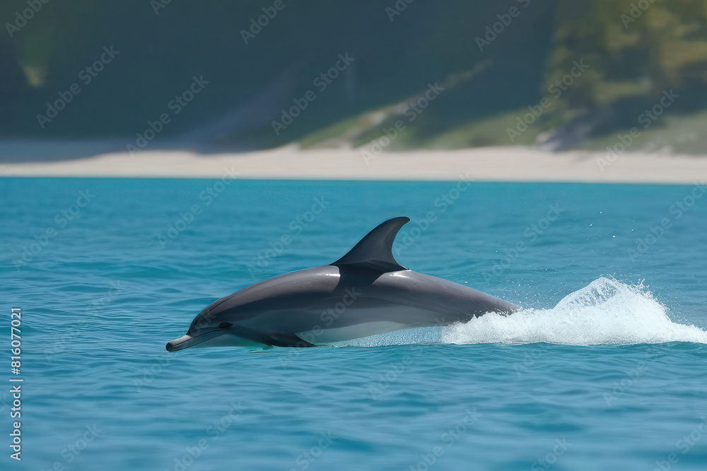 Fototapeta premium dolphin swimming through clear blue waters with a scenic coastal background. The combination of marine life and picturesque coastline creates a captivating scene