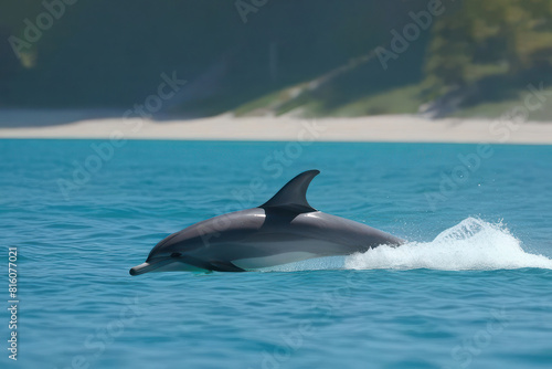 dolphin swimming through clear blue waters with a scenic coastal background. The combination of marine life and picturesque coastline creates a captivating scene © Александр Ткачук
