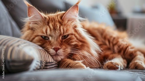 Fluffy red Maine Coon cat relaxing at home up close