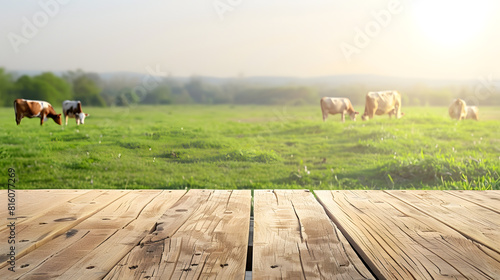 Empty wooden table top with grass field and cows background : Generative AI