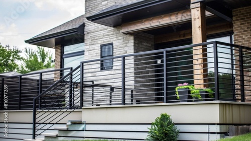 Modern metal railings and handrails in loft style. metal is treated with primer and anti-corrosion paint. Interior design elements.