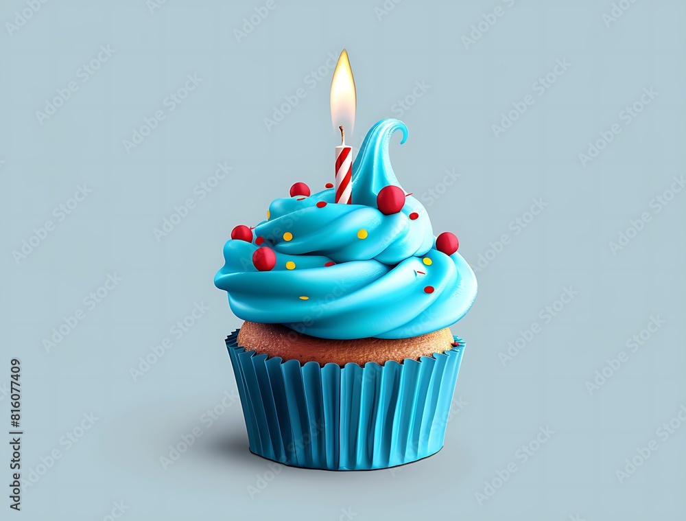 A blue cupcake with turquoise frosting and red sprinkles, topped off in the style of an elegant candle on a solid background A blue cupcake with turquoise frosting and red sprinkles, topped off in the style of an elegant candle on a solid background