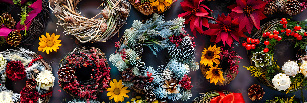 Diverse Assortment of Festive and Seasonal Handmade Wreath Creations