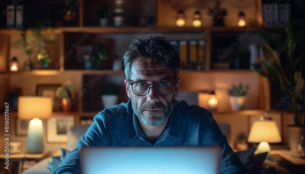 a shot capturing the programmer's face illuminated by the laptop screen, with a background of neatly arranged shelves and contemporary decor, programmer, IT specialist, c a shot capturing the programmer's face illuminated by the laptop screen, with a background of neatly arranged shelves and contemporary decor, programmer, IT specialist, c