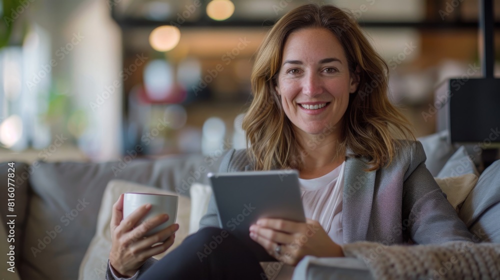 Smiling Woman with Tablet and Coffee Smiling Woman with Tablet and Coffee
