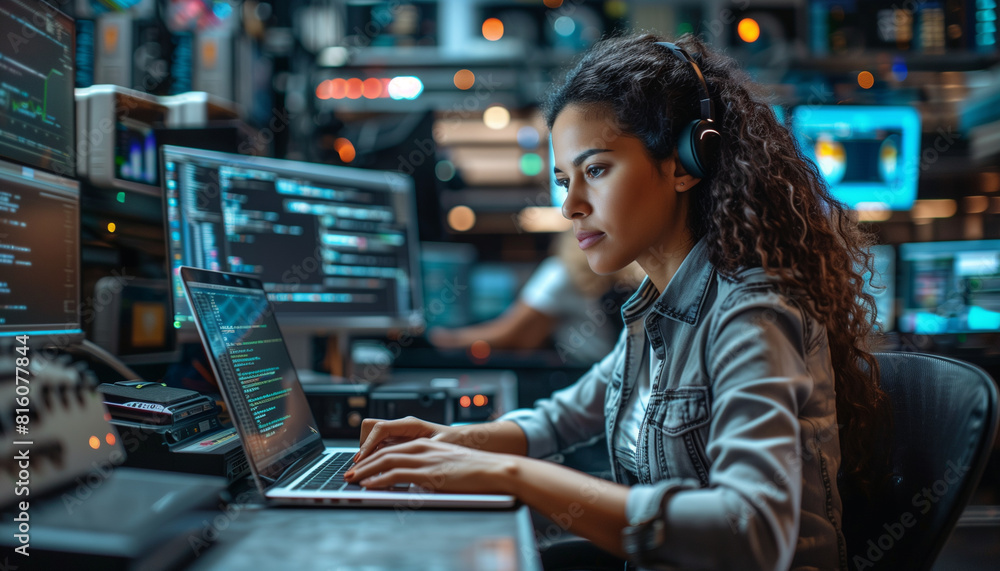 a shot of a female programmer focused on typing code on her laptop, surrounded by multiple monitors and advanced tech equipment in a high-tech office, Technology, Women, a shot of a female programmer focused on typing code on her laptop, surrounded by multiple monitors and advanced tech equipment in a high-tech office, Technology, Women,