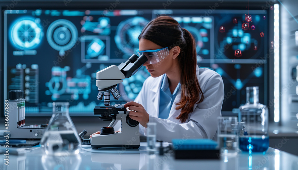 a detailed image of a female engineer using a digital microscope to examine samples, with various pieces of high-tech lab equipment in the background, Technology, Women, Computer P a detailed image of a female engineer using a digital microscope to examine samples, with various pieces of high-tech lab equipment in the background, Technology, Women, Computer P