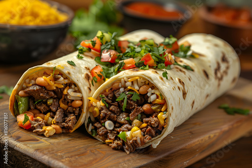 Professional food photography of Burritos with a variety of fillings such as juicy beef, beans, rice, cheese, vegetables, wrapped in a warm tortilla.