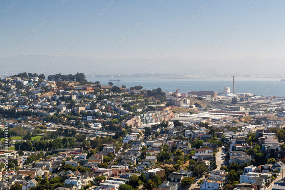 the iconic and breathtaking cityscape panoramic view from above a hill at bernal heights in san Francisco after to sunrise, California