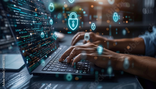 a close-up image of a cyber specialist's hands typing on a keyboard, with holographic locks and shields appearing above the desk, Technology, IT specialist, cybersecurity, Cyber ââ