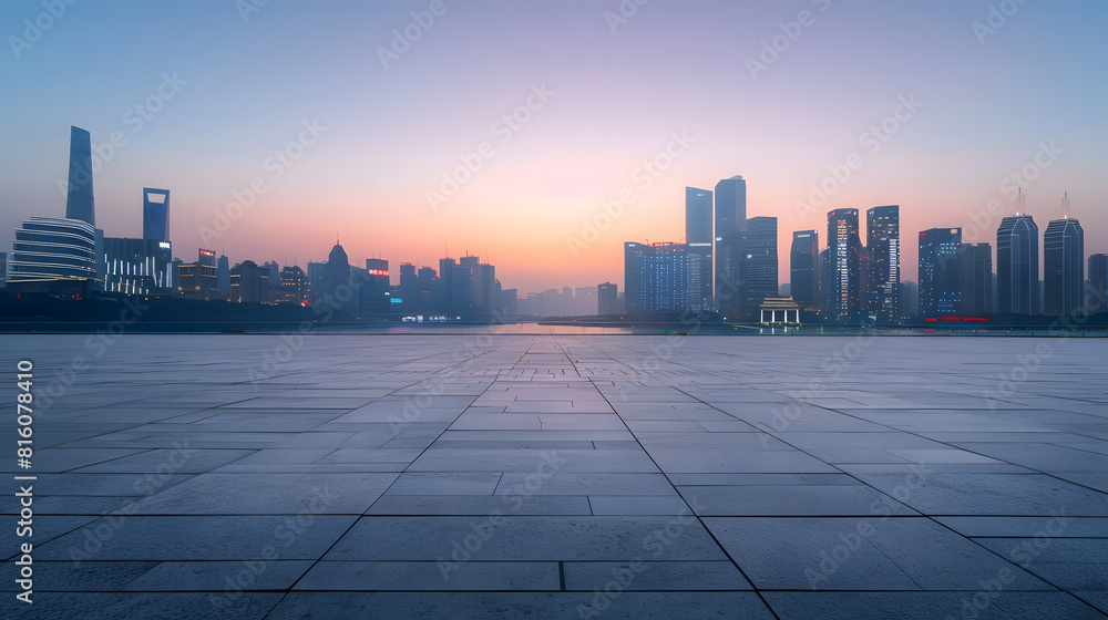 Empty square floor and city skyline with modern commercial buildings in Hangzhou at sunrise China : Generative AI Empty square floor and city skyline with modern commercial buildings in Hangzhou at sunrise China : Generative AI