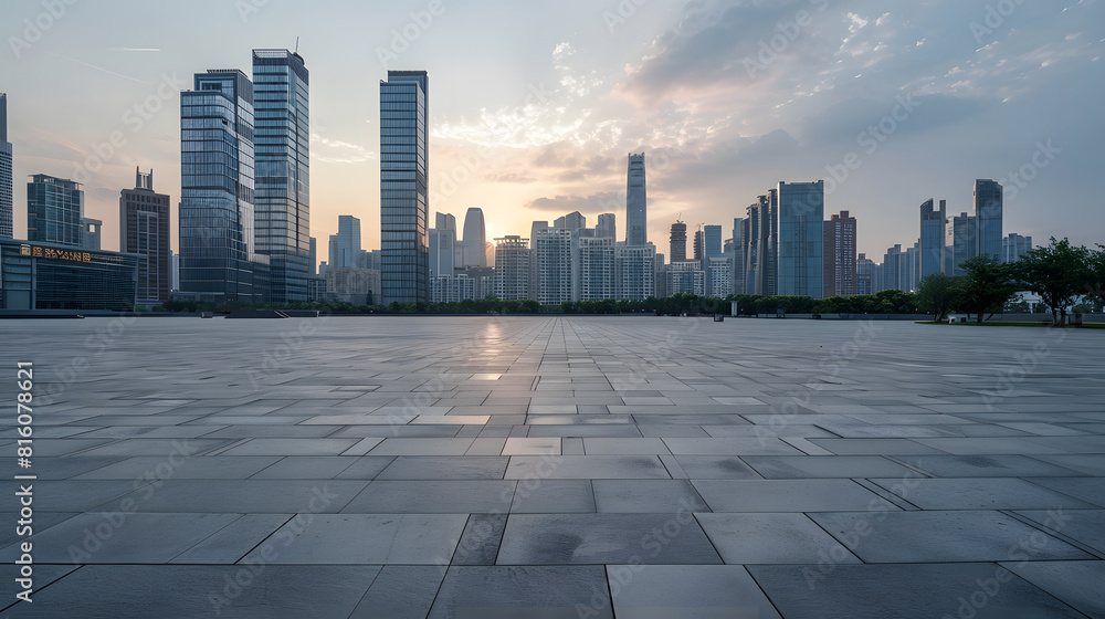 Empty square floor and city skyline with modern buildings in Ningbo Zhejiang Province China : Generative AI Empty square floor and city skyline with modern buildings in Ningbo Zhejiang Province China : Generative AI