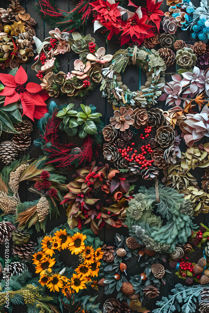 Diverse Assortment of Festive and Seasonal Handmade Wreath Creations