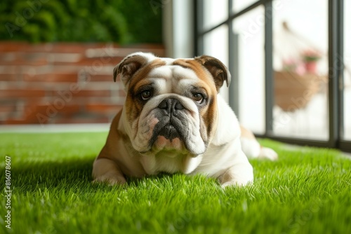 Adorable english bulldog lounges outdoors, enjoying a sunny day on a lush lawn