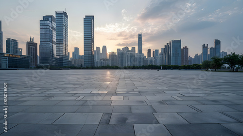 Empty square floor and city skyline with modern buildings in Ningbo Zhejiang Province China : Generative AI