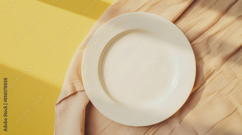 Top view on colored background empty round white plate on tablecloth for food Empty dish on napkin with space for your design : Generative AI Top view on colored background empty round white plate on tablecloth for food Empty dish on napkin with space for your design : Generative AI