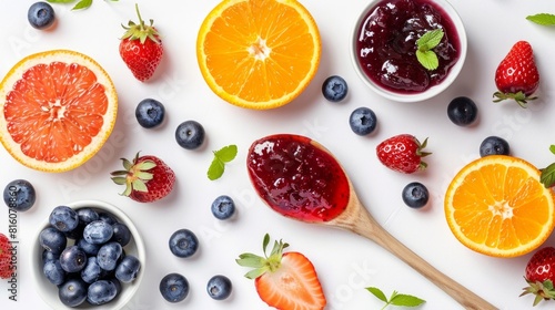 Strawberry  orange and blueberries jam with wooden spoon isolated on white background