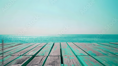 Empty wooden on sea beach emerald colorful : Generative AI photo