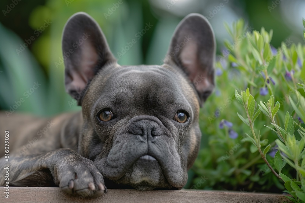 Close-up of a calm french bulldog with expressive eyes, resting near greenery
