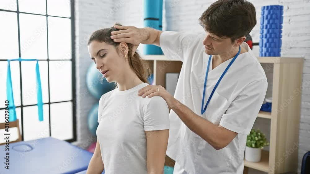 A male physiotherapist in a white coat performs a neck adjustment on a female patient in a modern physiotherapy clinic A male physiotherapist in a white coat performs a neck adjustment on a female patient in a modern physiotherapy clinic