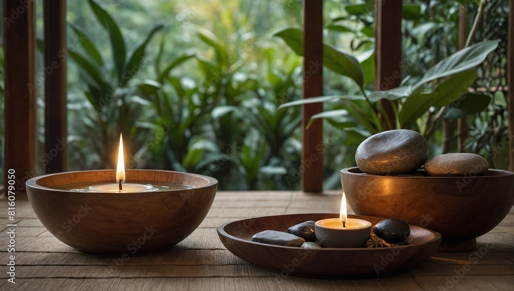Candles and decoration in wooden table for spa procedures Candles and decoration in wooden table for spa procedures
