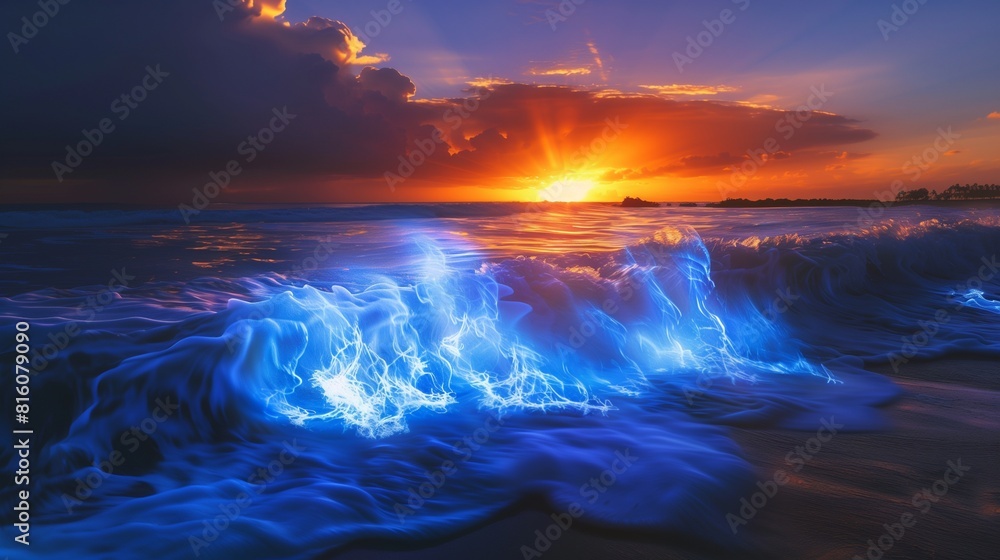 Incandescent Blue Flame Waves Crashing on a Tropical Beach at Sunset