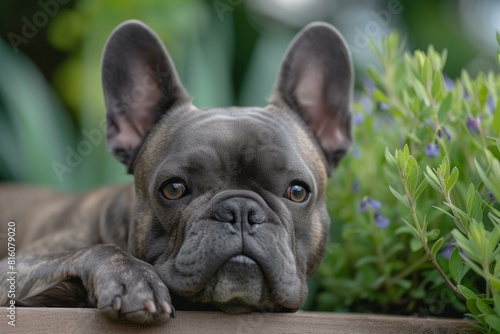 Close-up of a calm french bulldog with expressive eyes, resting near greenery © anatolir
