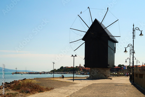 The Windmill on the way into the old town, famous landmark, monument of Nessebar, Nesebar, Bulgaria