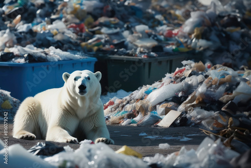 A polar bear standing amidst heaps of trash and plastic waste, illustrating the grave impact of pollution on arctic wildlife and the urgent need for environmental conservation