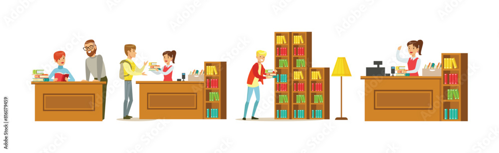 People Character at Library and Bookstore with Books Vector Set People Character at Library and Bookstore with Books Vector Set