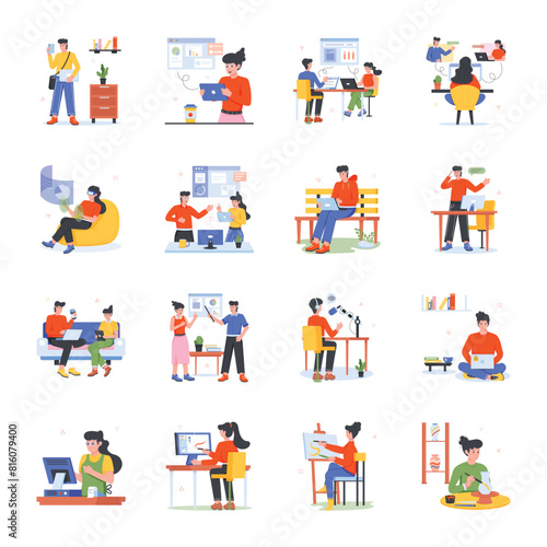People Working Flat Character Icons