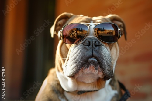 Stylish and confident purebred bulldog posing outdoors with a cool and trendy pair of sunglasses and a fashionable scarf  exuding charisma and charm