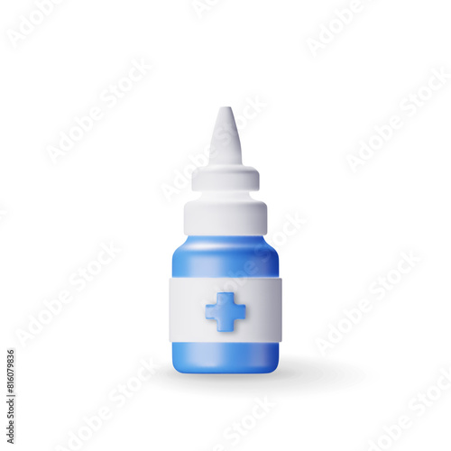 3D medicine spray bottle isolated on white. Render oral spray in glass package. Aerosol for mouth and throat. Medical drug, vitamin, antibiotic. Healthcare pharmacy. Vector illustration