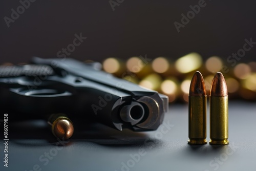 Close-up of a pistol with ammunition against a blurred light backdrop