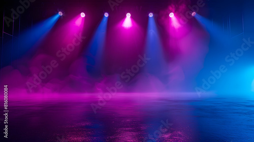 Dark stage shows blue and purple background an empty dark scene laser beams neon spotlights reflection on the asphalt floor studio room with smoke floating up for display products : Generative AI