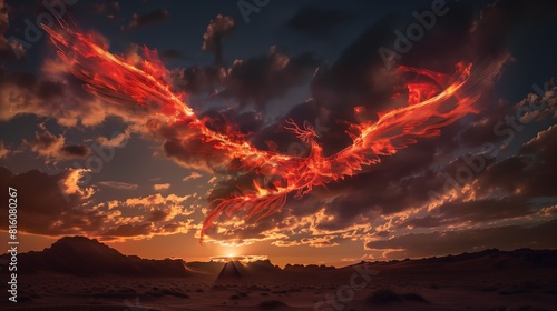 Rich Red Cirrostratus Clouds Shaping a Fiery Phoenix Soaring Above a Dark Desert at Dusk photo