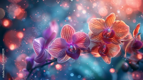 Ethereal image of various orchid flowers superimposed on a galaxy backdrop  blending the beauty of nature with the mystique of space  suitable for lifestyle and decor themes
