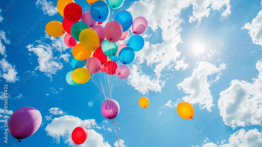 A bunch of colorful balloons are floating in the sky A bunch of colorful balloons are floating in the sky
