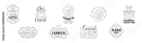 Carnival Hand Drawn Monochrome Mardi Gras Event Promotion Signs Vector Set