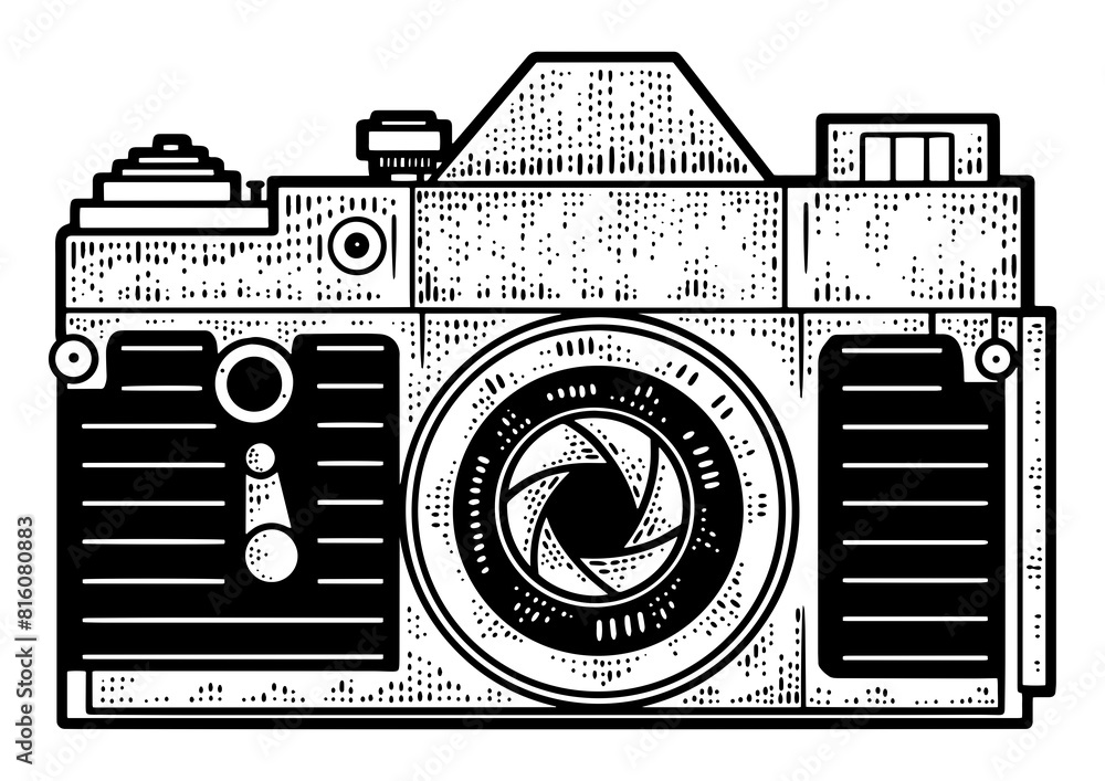 Obraz premium Old photo camera sketch engraving PNG illustration. T-shirt apparel print design. Scratch board imitation. Black and white hand drawn image.