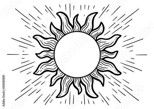 Sun sketch engraving PNG illustration. T-shirt apparel print design. Scratch board imitation. Black and white hand drawn image. photo