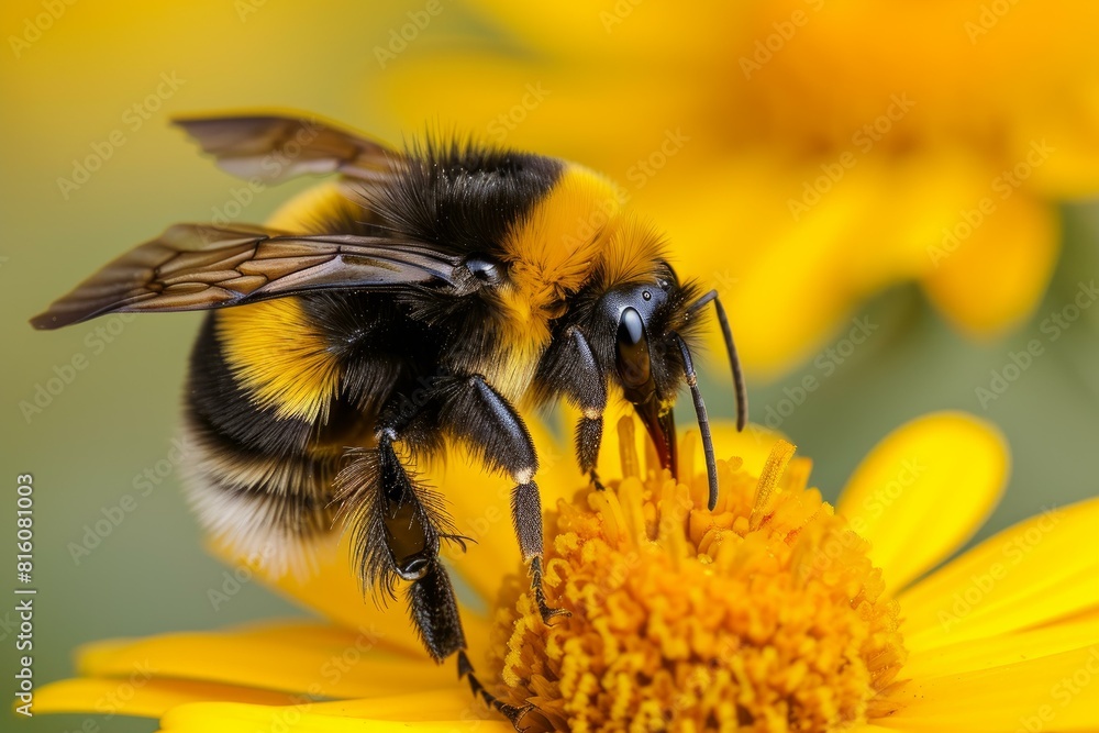 Close-up of a fuzzy bumblebee pollinating a vibrant yellow flower in a beautiful garden setting, showcasing the delicate and intricate details of nature's pollinators Close-up of a fuzzy bumblebee pollinating a vibrant yellow flower in a beautiful garden setting, showcasing the delicate and intricate details of nature's pollinators