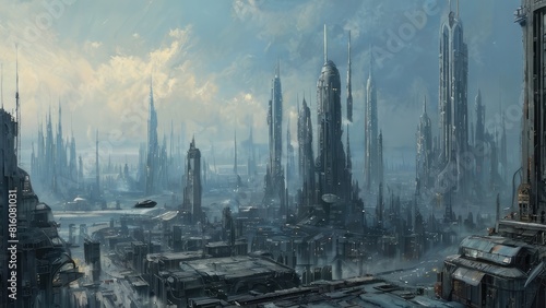 Futuristic city with tall buildings and spaceships on blue sky, gray tonesting of futuristic city